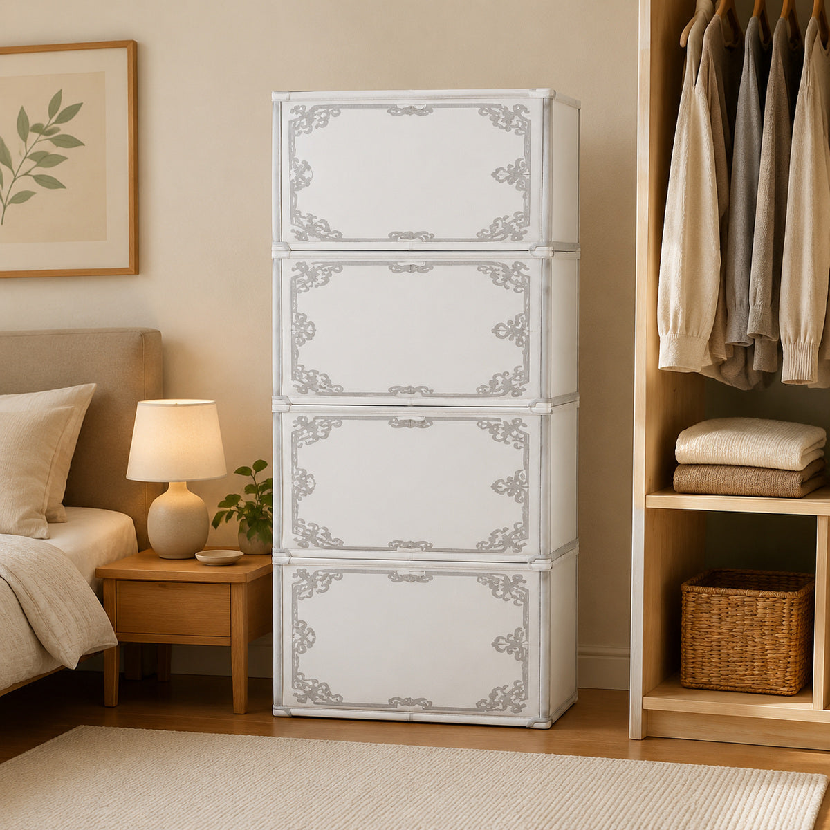 Dulap Textil Pliabil cu 5 Sertare, Organizator pentru Dormitor, Alb-Gri – imagine 2