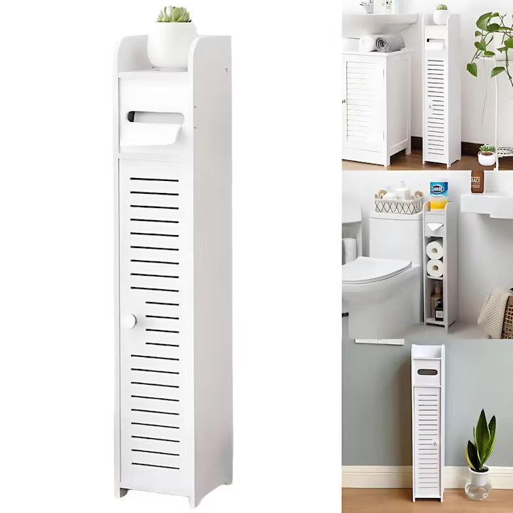 Dulap vertical ingust pentru baie cu 4 niveluri, structura PVC, design compact si modern, alb, 80 x 17 x 15 cm