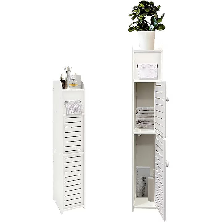 Dulap vertical ingust pentru baie cu 4 niveluri, structura PVC, design compact si modern, alb, 80 x 17 x 15 cm