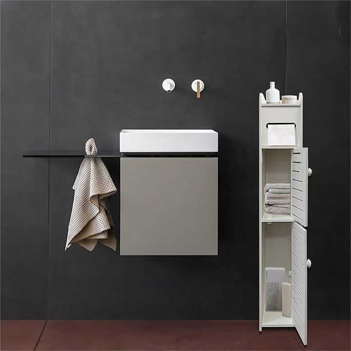Dulap vertical ingust pentru baie cu 4 niveluri, structura PVC, design compact si modern, alb, 80 x 17 x 15 cm