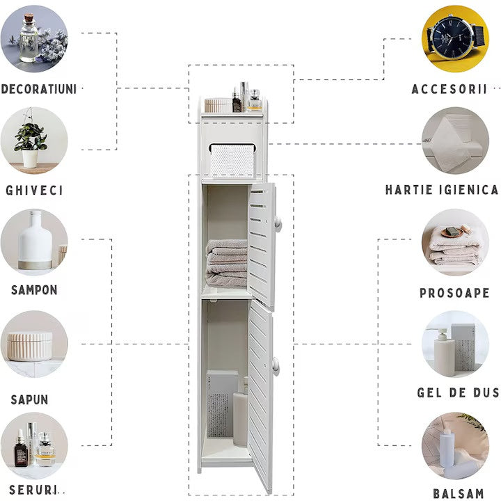 Dulap vertical ingust pentru baie cu 4 niveluri, structura PVC, design compact si modern, alb, 80 x 17 x 15 cm