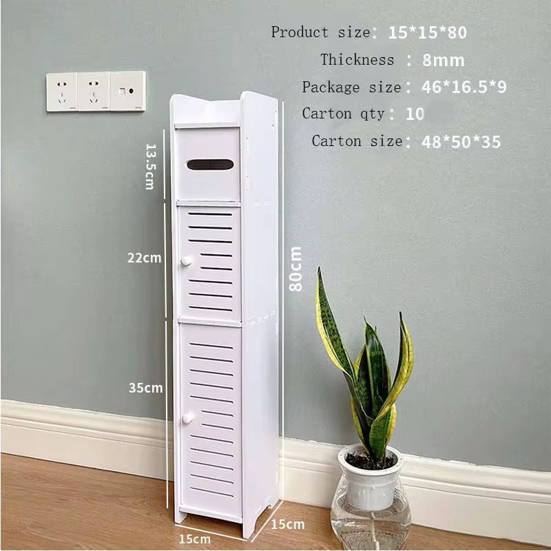 Dulap vertical ingust pentru baie cu 4 niveluri, structura PVC, design compact si modern, alb, 80 x 17 x 15 cm