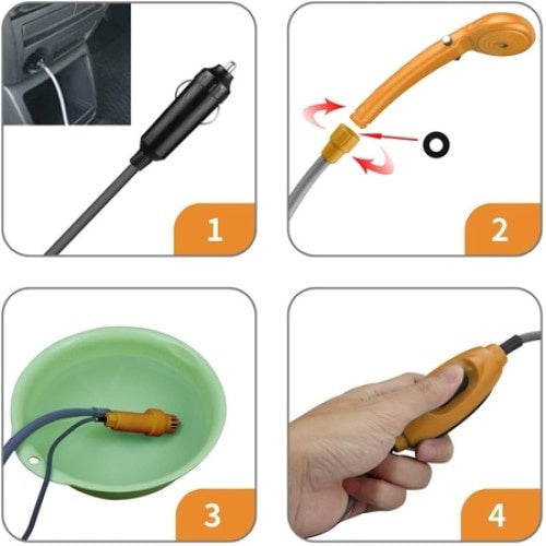 Dus portabil auto pentru camping cu pompa de apa, alimentare 12V, debit de apa 4L / min, galben