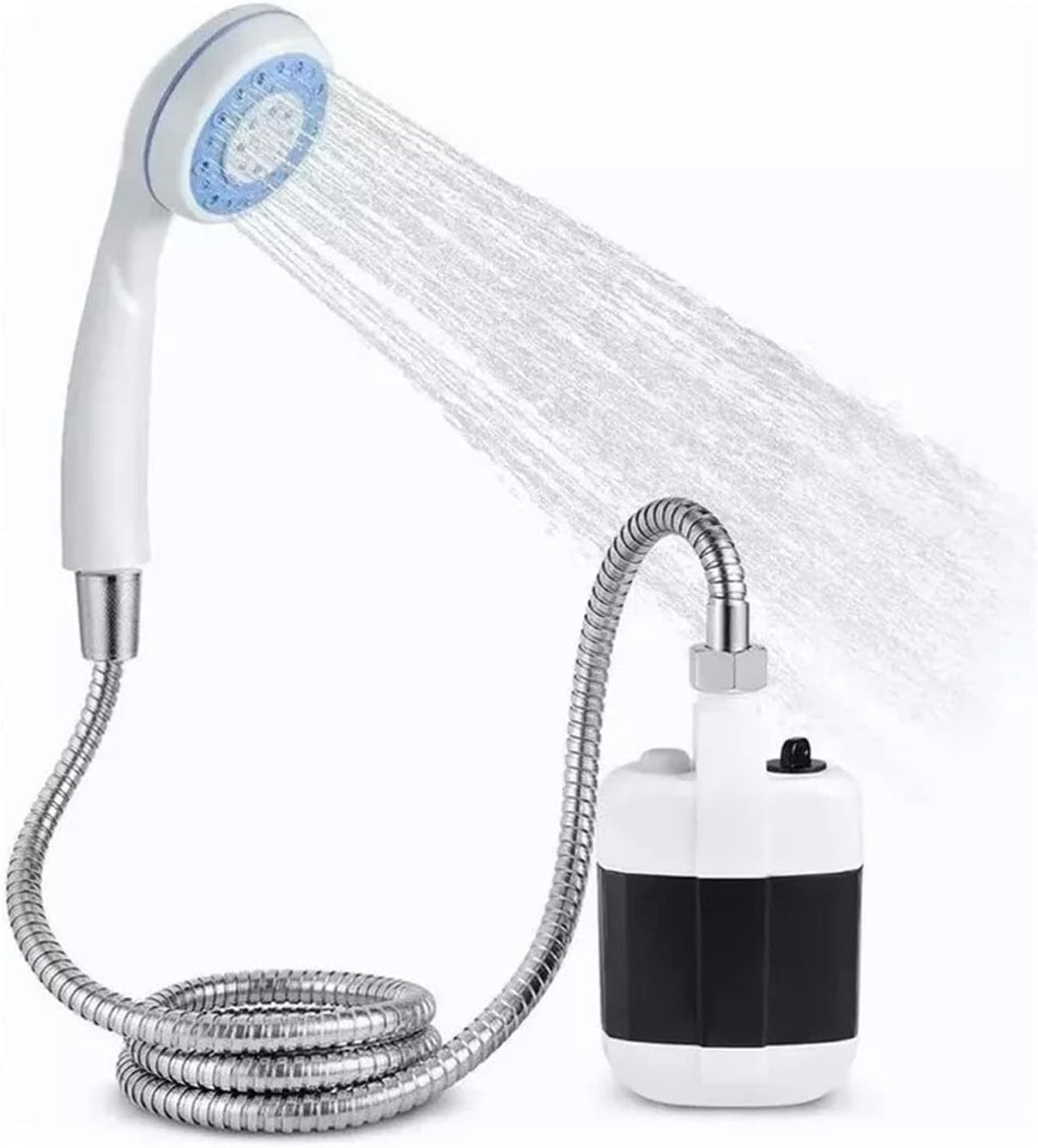 Dus portabil pentru exterior, cu pompa de apa, din ABS, incarcare electrica a bateriei, furtun flexibil, alb