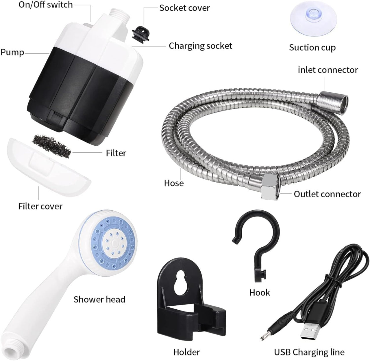 Dus portabil pentru exterior, cu pompa de apa, din ABS, incarcare electrica a bateriei, furtun flexibil, alb