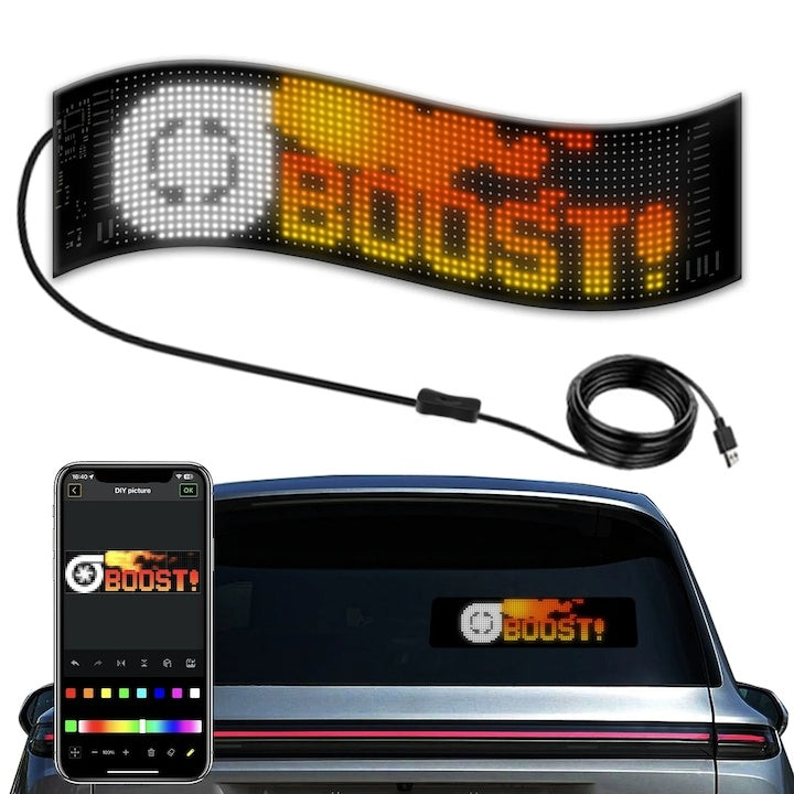 Ecran LED flexibil pentru masina , control wireless prin aplicatie mobila, proiectie multicolora, alimentat prin USB, negru