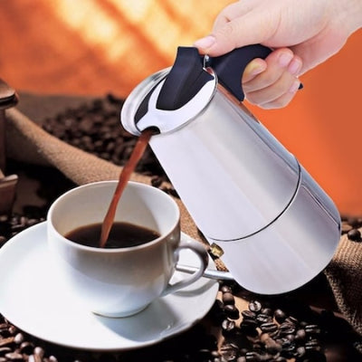 Espresor pentru aragaz, din otel inoxidabil, capacitate 6 cesti (300 ml), inalitime 18 cm, compatibil cu plita electrica sau gaz, argintiu