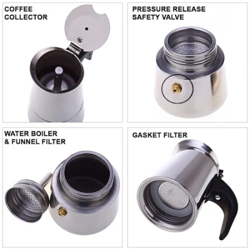 Espresor pentru aragaz, din otel inoxidabil, capacitate 6 cesti (300 ml), inalitime 18 cm, compatibil cu plita electrica sau gaz, argintiu