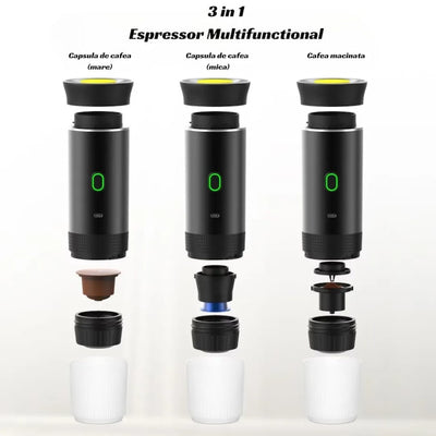 Espressor portabil, compatibil cu Nespresso, Dolce Gusto sau cafea macinata, putere 72W, baterie 2500mAh, incarcare USB, dimensiuni 83X83X245mm, negru