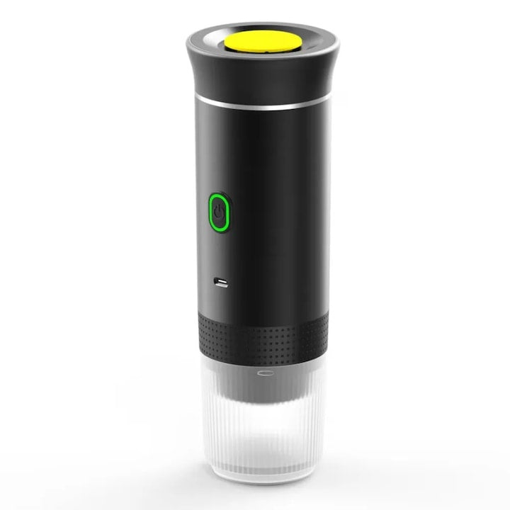 Espressor portabil, compatibil cu Nespresso, Dolce Gusto sau cafea macinata, putere 72W, baterie 2500mAh, incarcare USB, dimensiuni 83X83X245mm, negru