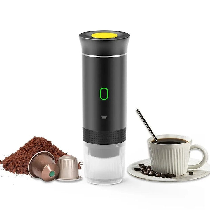 Espressor portabil, compatibil cu Nespresso, Dolce Gusto sau cafea macinata, putere 72W, baterie 2500mAh, incarcare USB, dimensiuni 83X83X245mm, negru