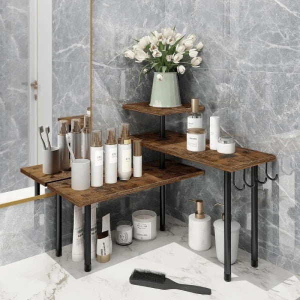 Etajera cu 3 polite din MDF, cu 5 picioare din metal, rotativ 180°, dimensiuni 66 (L) x 17.5 (l) x 38 (H) cm, cu imitatie lemn, maro/negru