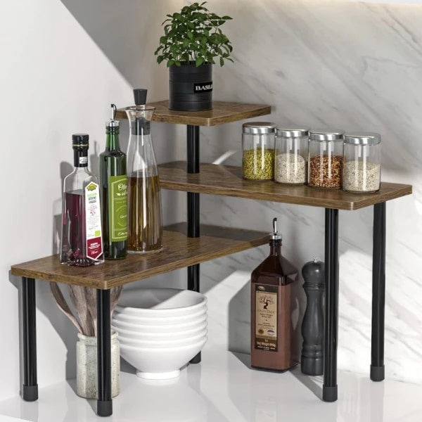 Etajera cu 3 polite din MDF, cu 5 picioare din metal, rotativ 180°, dimensiuni 66 (L) x 17.5 (l) x 38 (H) cm, cu imitatie lemn, maro/negru