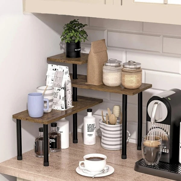 Etajera cu 3 polite din MDF, cu 5 picioare din metal, rotativ 180°, dimensiuni 66 (L) x 17.5 (l) x 38 (H) cm, cu imitatie lemn, maro/negru