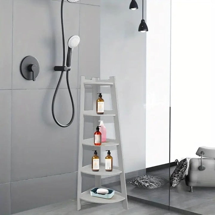 Etajera de colt, din PVC, cu 5 rafturi, dimensiuni 106x30x30cm, usor de asamblat, finisaj mat, alb