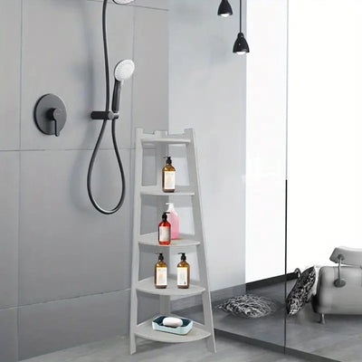 Etajera de colt, din PVC, cu 5 rafturi, dimensiuni 106x30x30cm, usor de asamblat, finisaj mat, alb