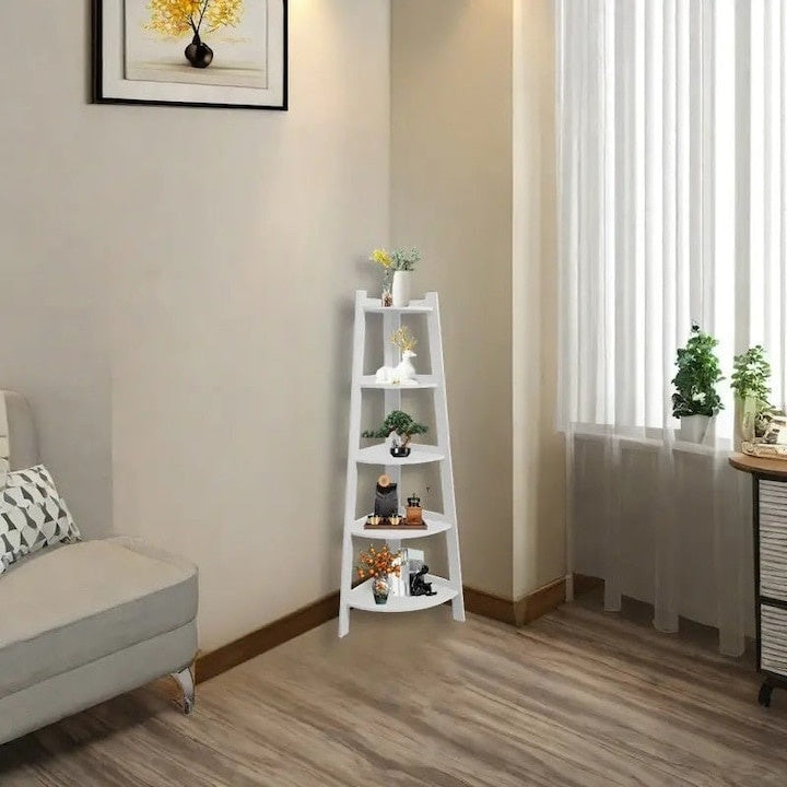 Etajera de colt, din PVC, cu 5 rafturi, dimensiuni 106x30x30cm, usor de asamblat, finisaj mat, alb