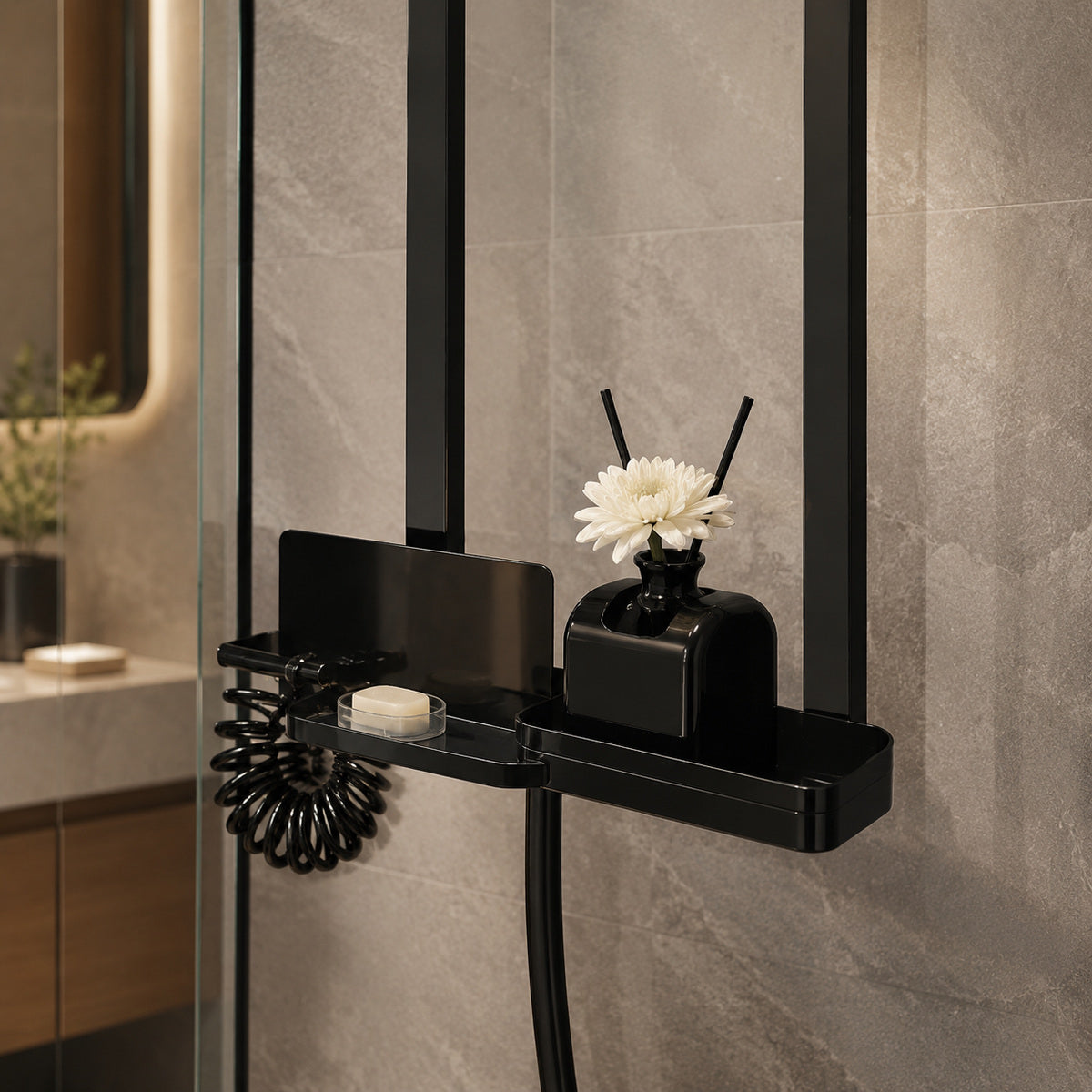 Etajeră de Duș cu Suport pentru Săpun și Accesorii, Negru – imagine comercială