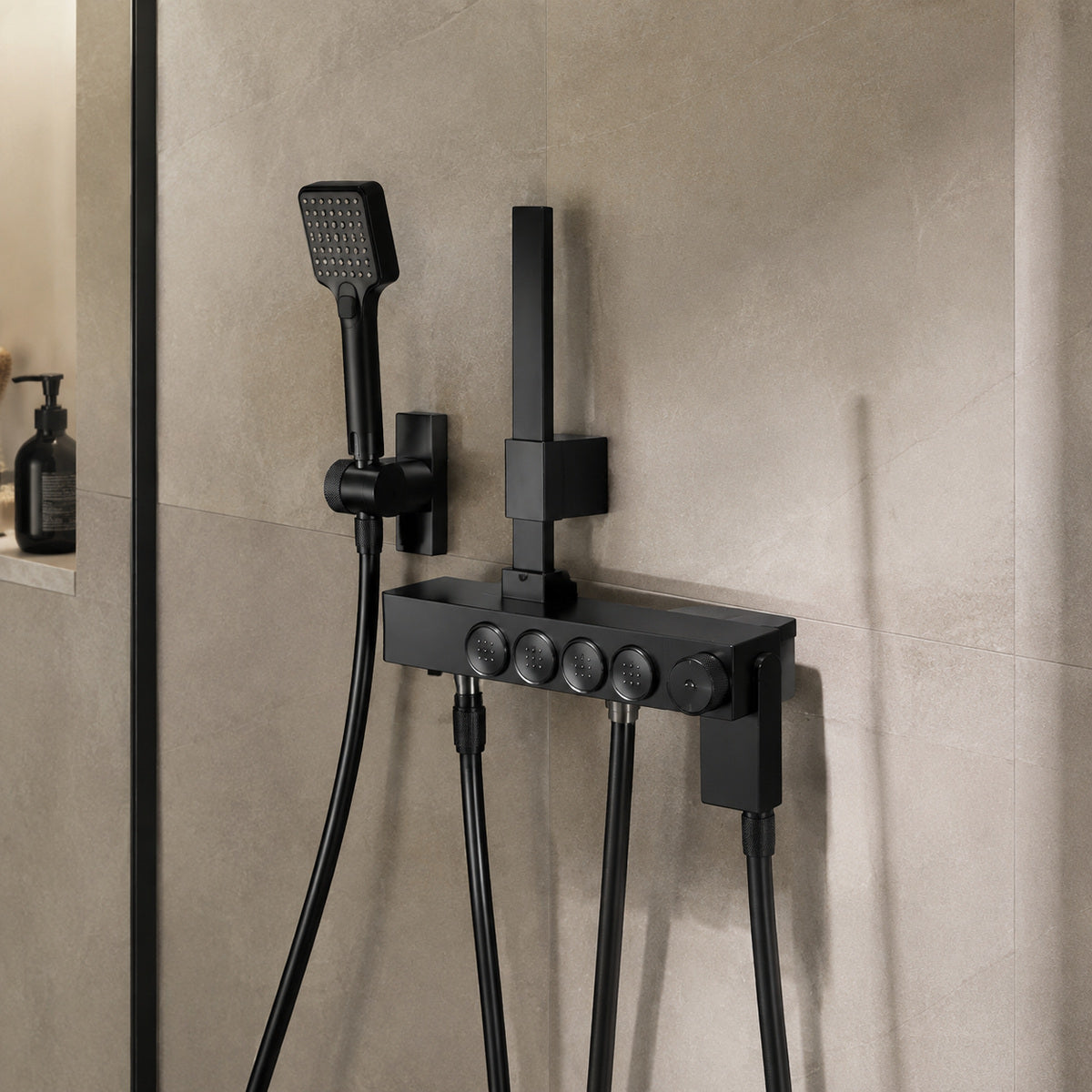 Etajeră de Duș cu Suporturi Multiple, Montaj pe Coloană, Negru – imagine 2