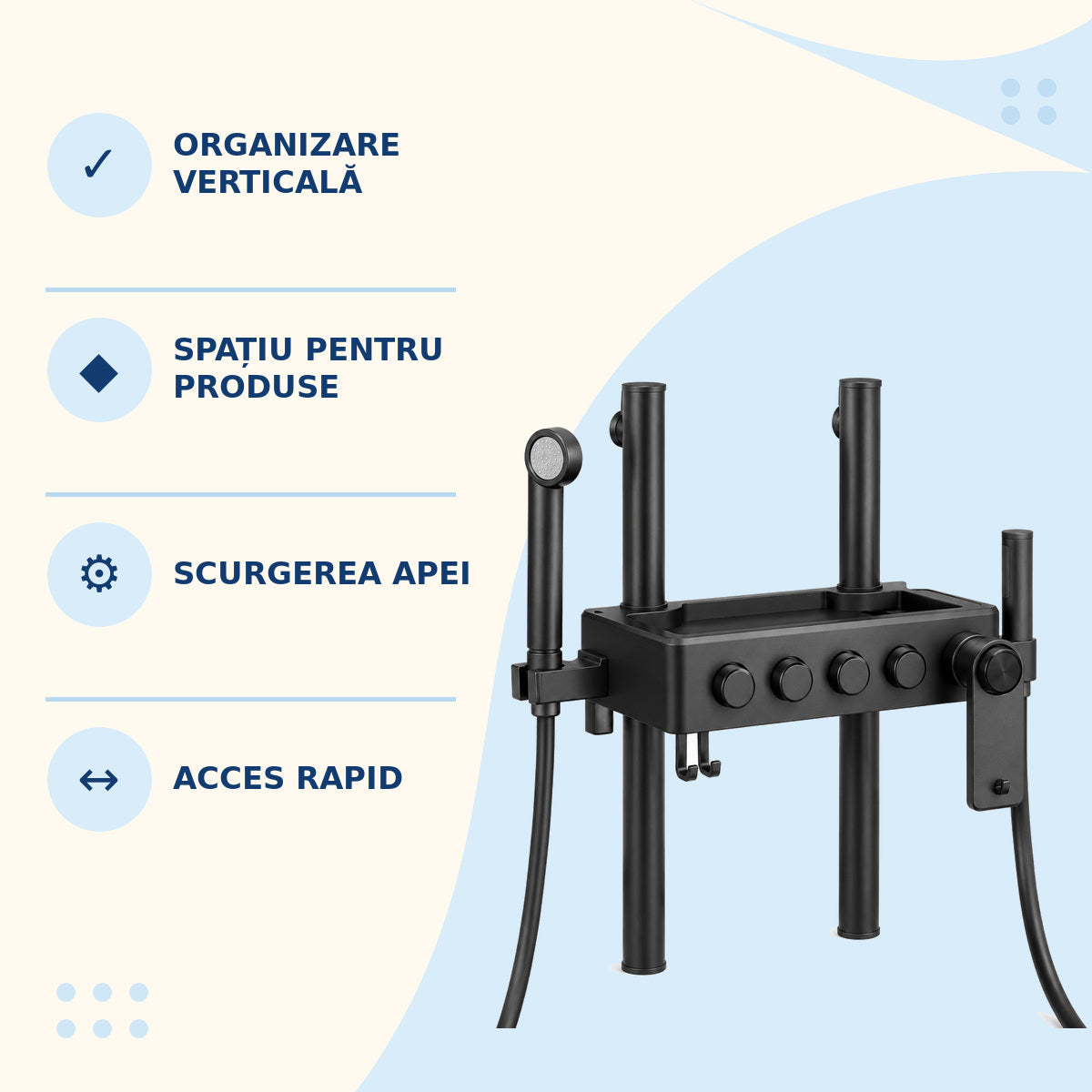 Etajeră de Duș cu Suporturi Multiple, Montaj pe Coloană, Negru – imagine 3