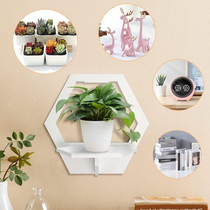 Etajera de perete, hexagon, dimensiuni 29 cm x 27 cm, cu polita de depozitare, din PVC, usor de asamblat, alb
