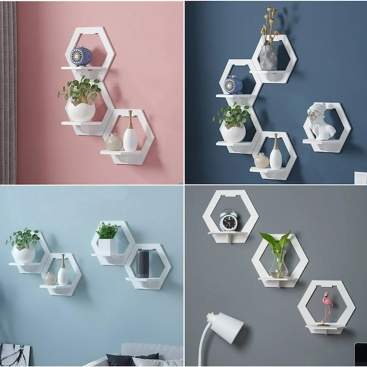 Etajera de perete, hexagon, dimensiuni 29 cm x 27 cm, cu polita de depozitare, din PVC, usor de asamblat, alb