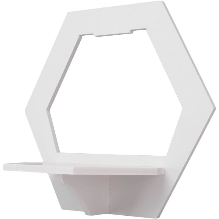 Etajera de perete, hexagon, dimensiuni 29 cm x 27 cm, cu polita de depozitare, din PVC, usor de asamblat, alb