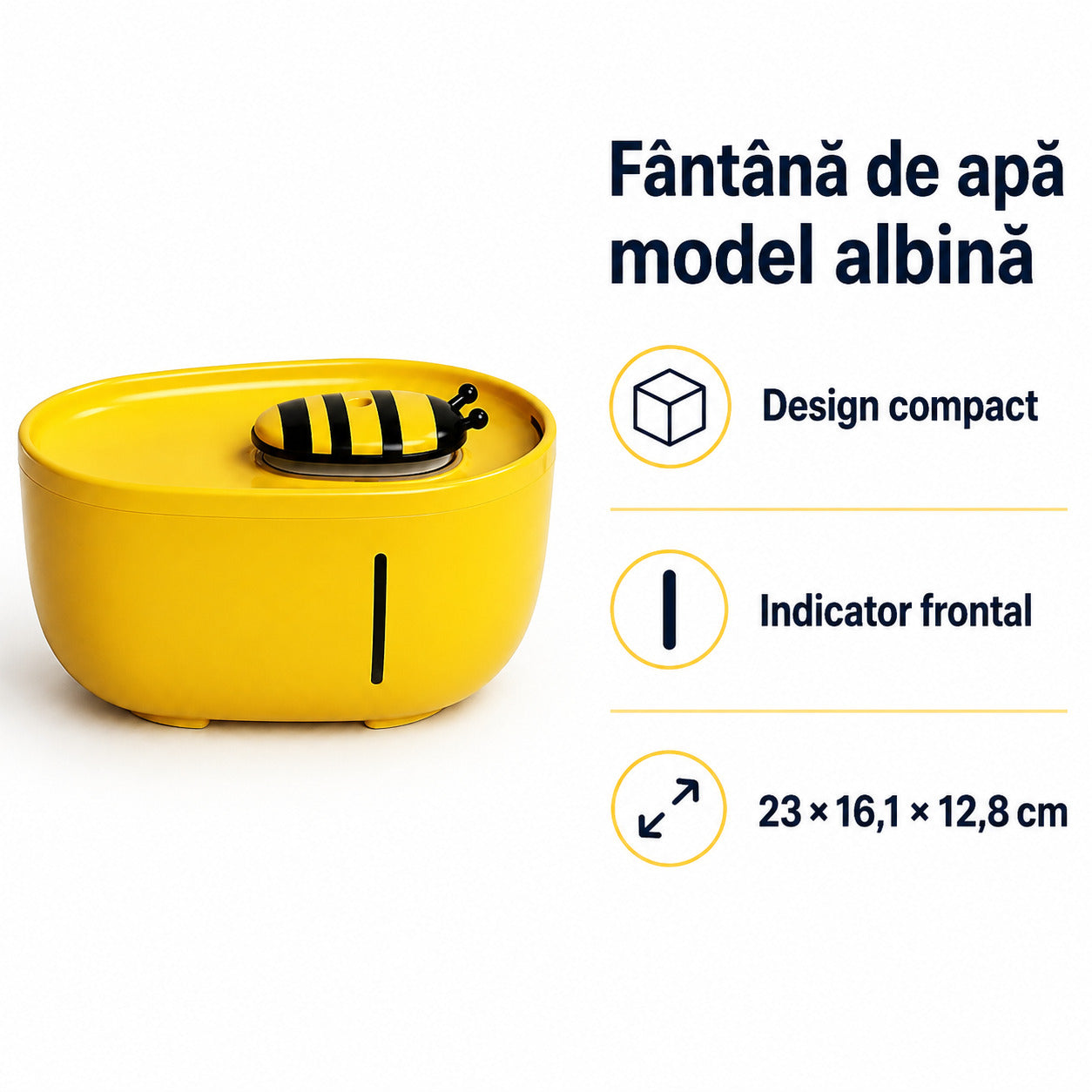 Fântână de Apă pentru Pisici și Câini, Model Albină, Galbenă, 23 cm – imagine 3