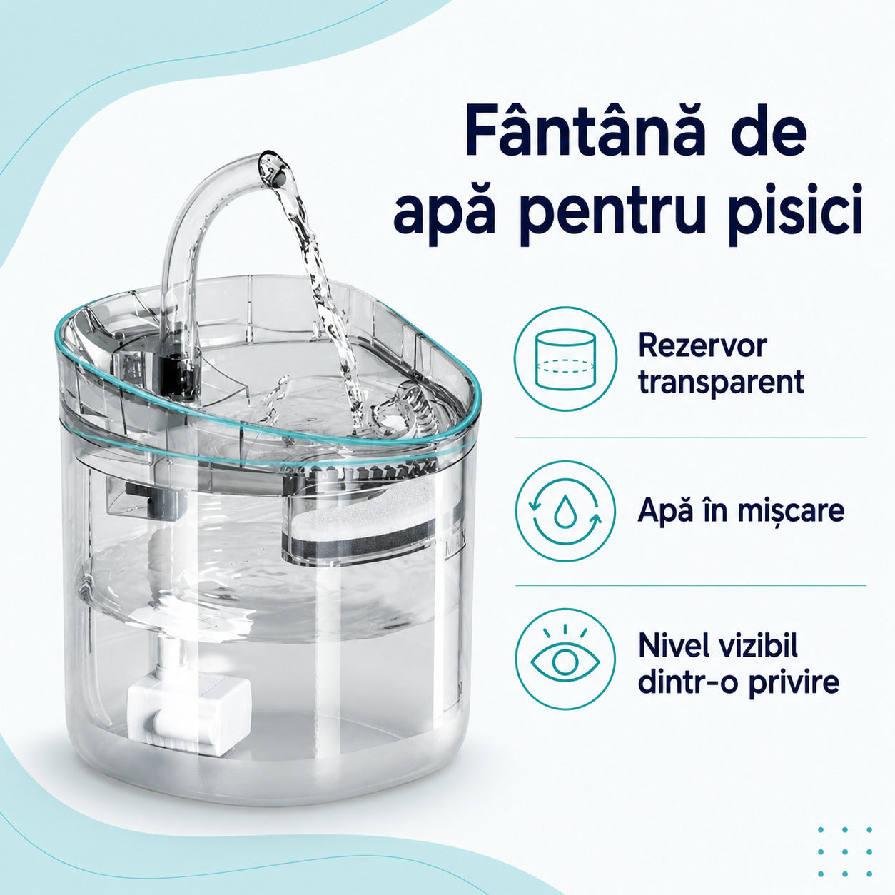 Fântână de Apă Transparentă pentru Pisici, cu Debit Continuu, WF-060 – imagine 3