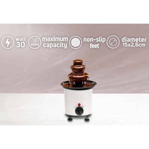 Fantana de ciocolata, capacitate 200ml, putere 30W, cu 10 betisoare pentru servire, sistem anti-alunecare, diametru 15 cm, alb