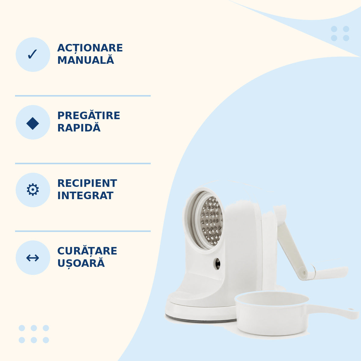 Feliator Rotativ Manual pentru Legume și Fructe, cu Recipient, Alb – caracteristici