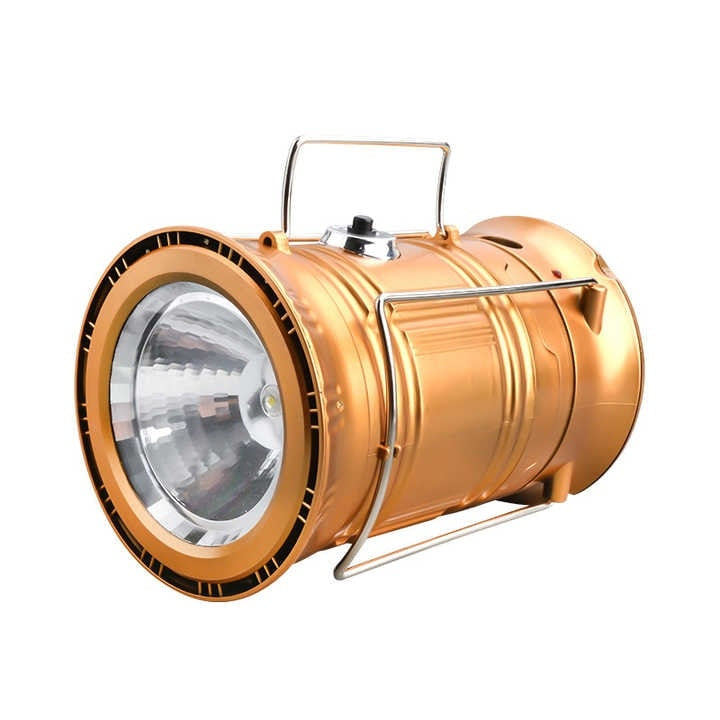 Felinar pentru camping, cu incarcare USB, lanterna, suport de agatat, din ABS, pliabil, lumini RGB, auriu