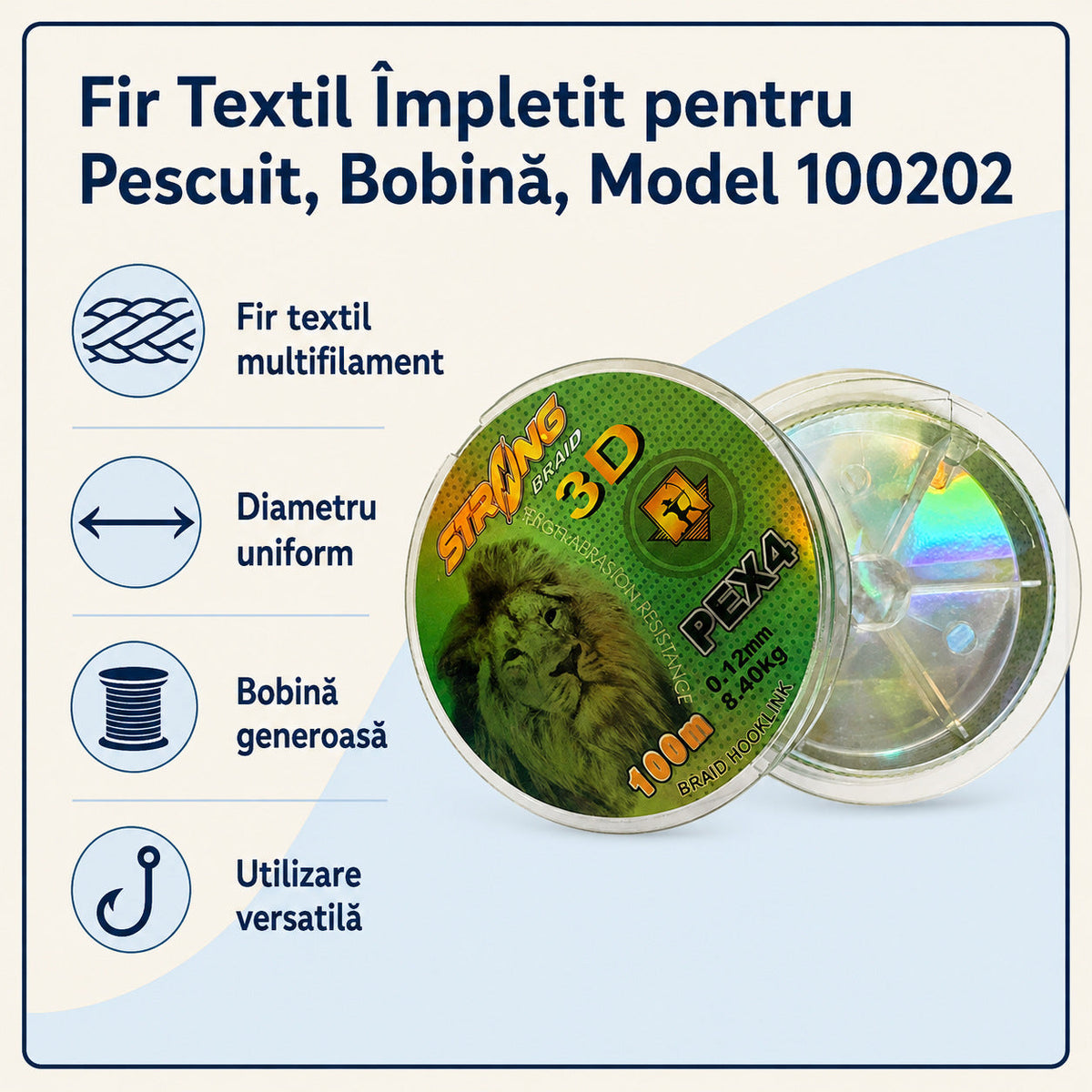 Fir Textil Împletit pentru Pescuit, Bobină, Model 100202 – caracteristici și beneficii
