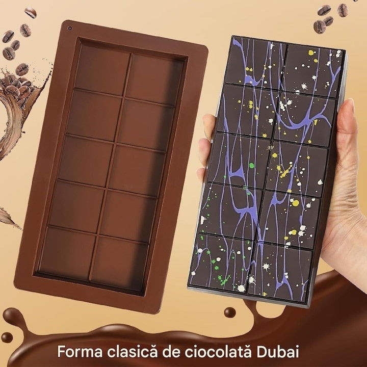 Forma din silicon alimentar pentru ciocolata Dubai, dimensiuni 25x13.5 cm, usor de curatat si folosit, fara gust si miros, maro