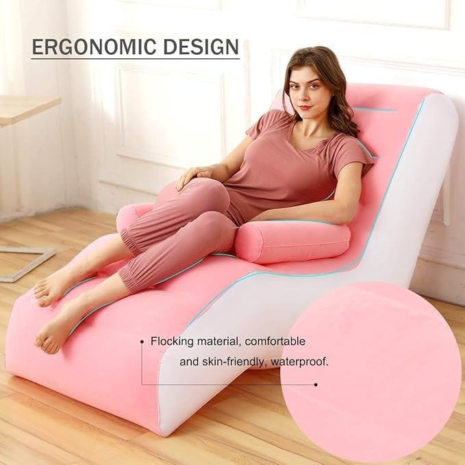 Fotoliu gonflabil, ergonomic in forma de S, dimensiuni 140X85 cm, material rezistent, alb/roz