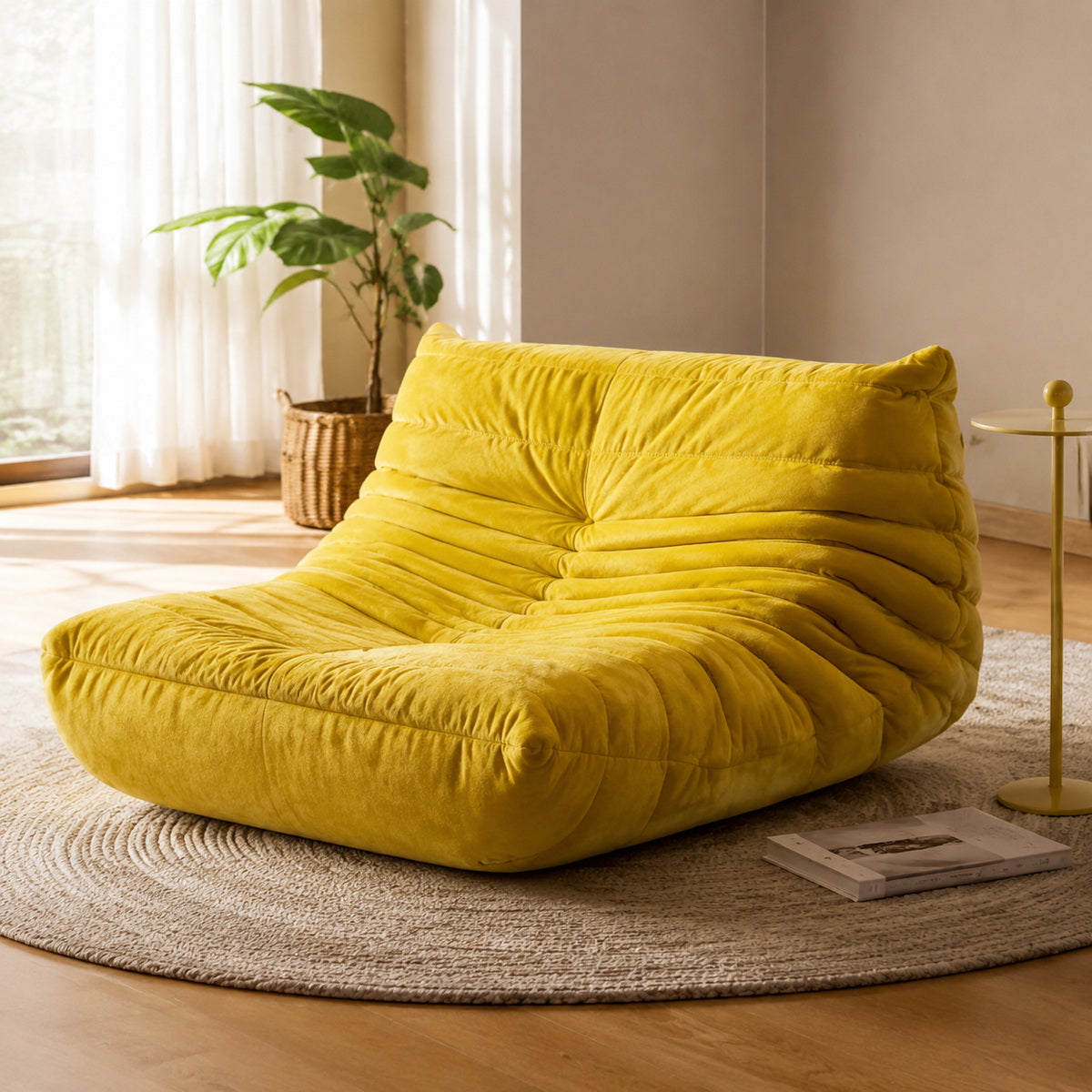 Fotoliu Puf Modular Extensibil, Catifea, Galben – imagine 2