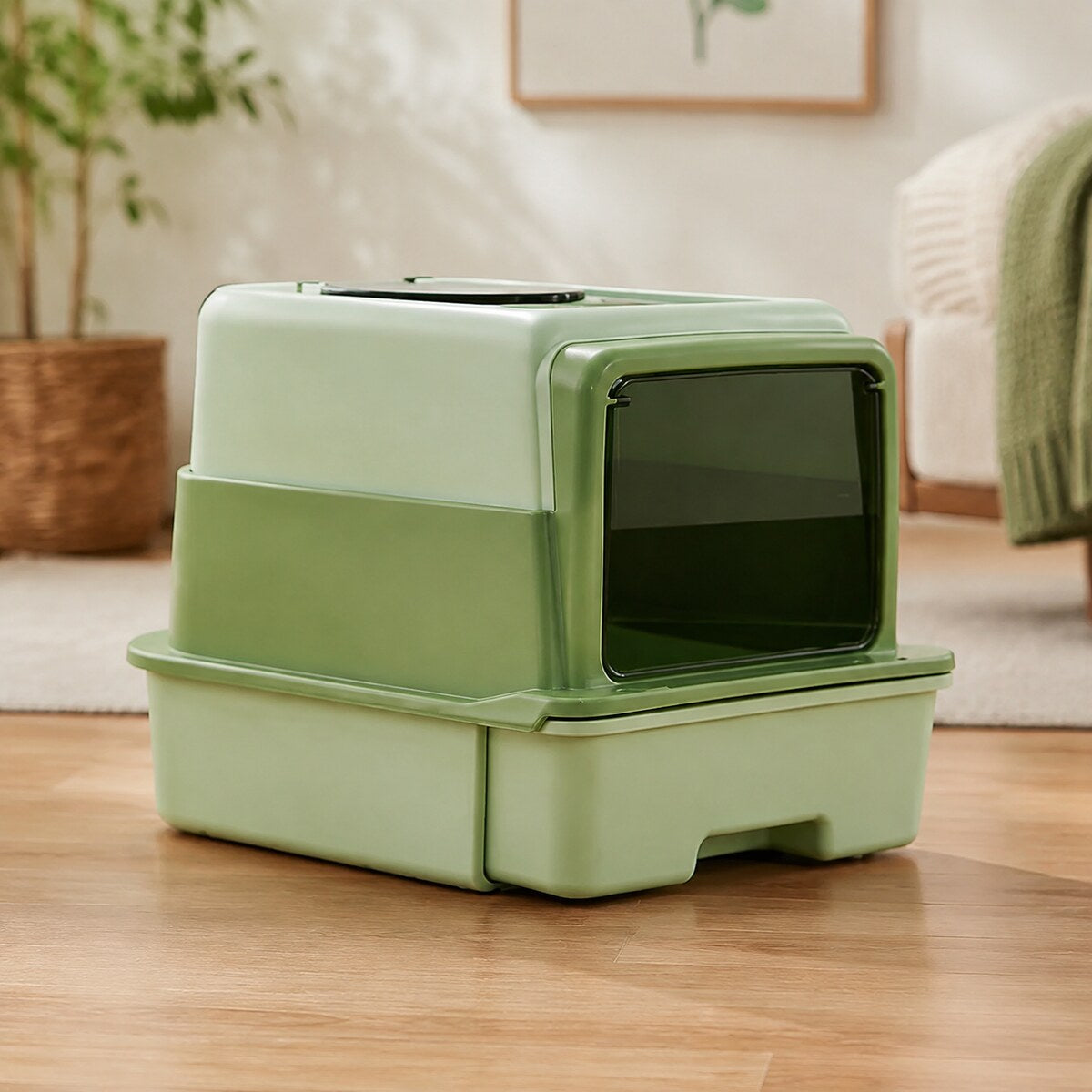Litieră Acoperită pentru Pisici cu Tavă și Ușă, Verde – imagine 2
