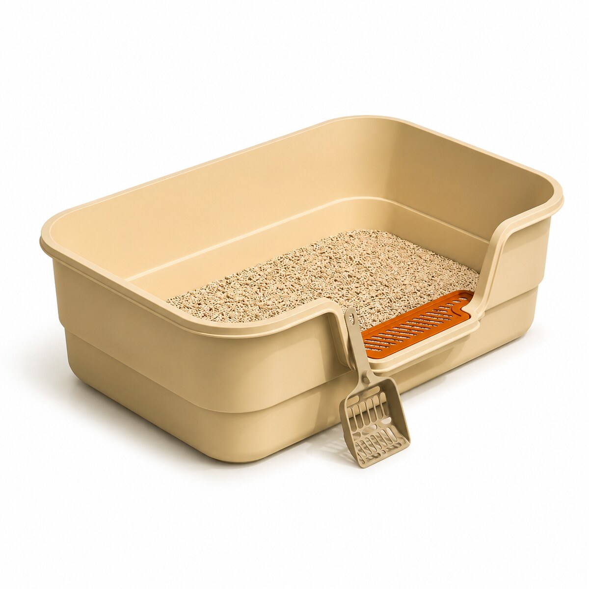 Litieră Deschisă pentru Pisici cu Grătar și Lopățică, 42x30x12 cm, Bej – imagine 1