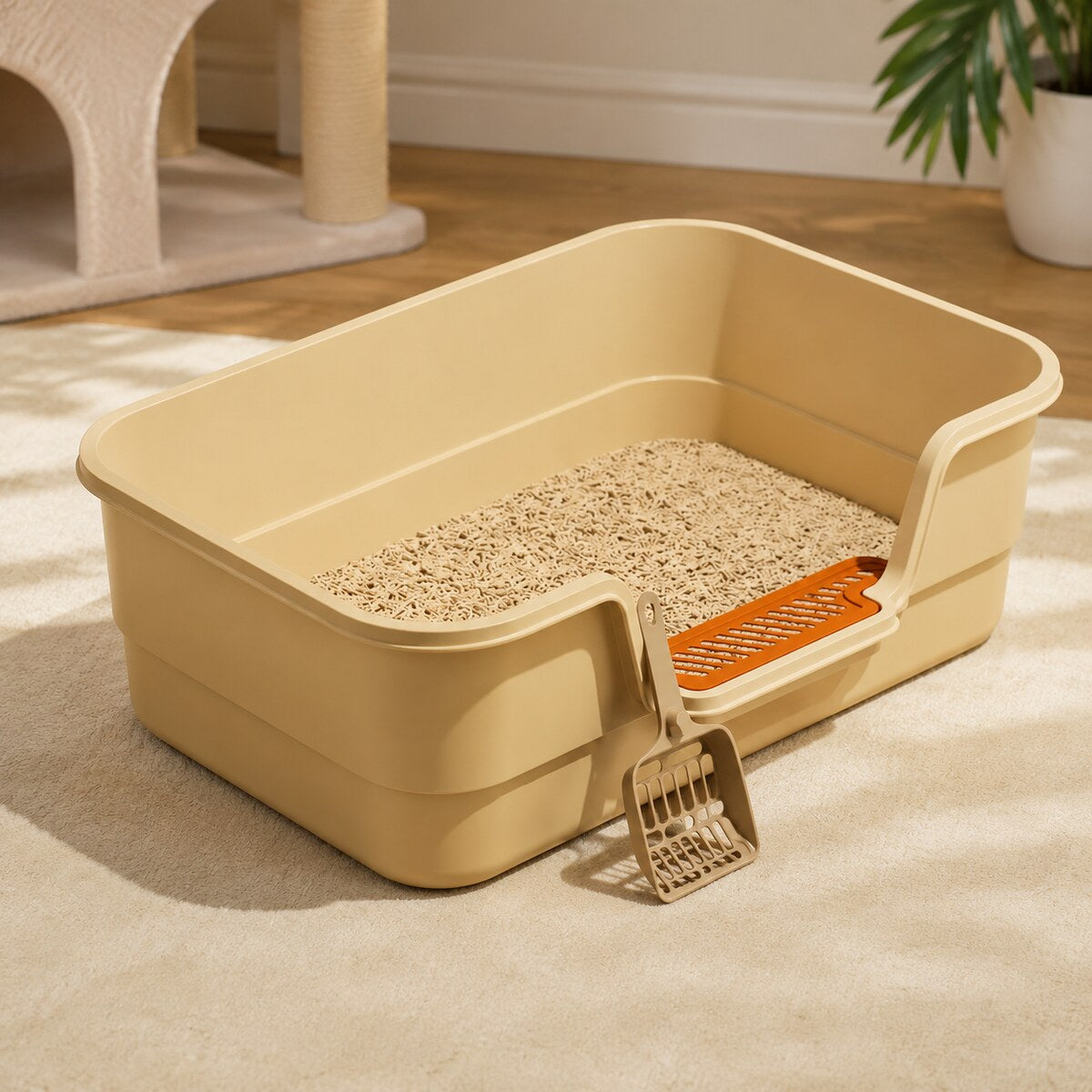 Litieră Deschisă pentru Pisici cu Grătar și Lopățică, 42x30x12 cm, Bej – imagine 2