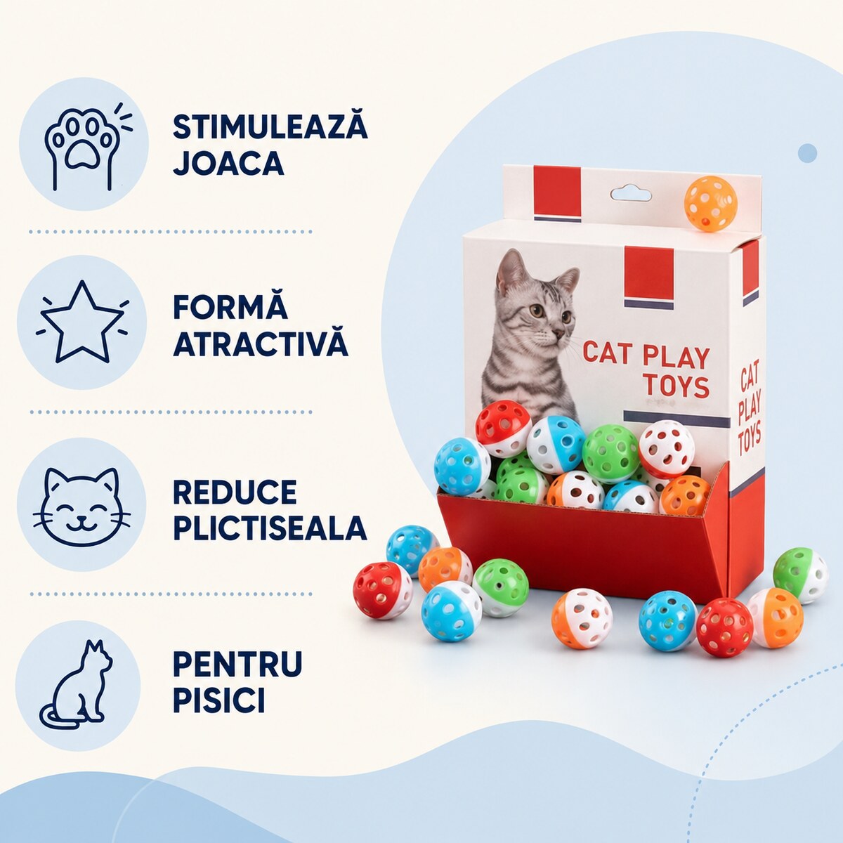 Set Jucării pentru Pisici, 60 Bile Colorate cu Clopoțel – imagine 3
