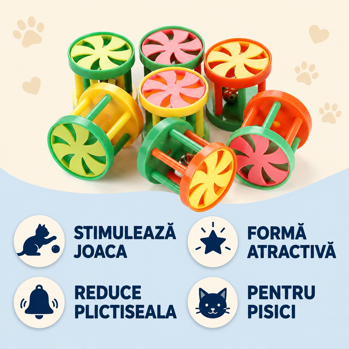 Jucărie pentru Pisici, Cilindru cu Clopoțel, Multicolor – imagine 3