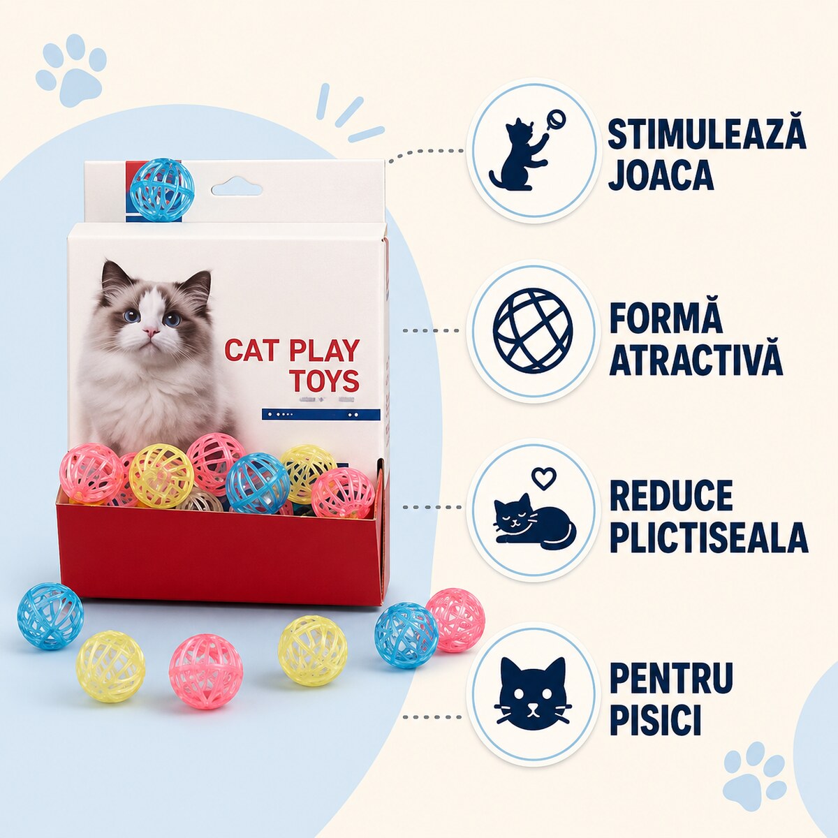 Set 48 Bile Împletite pentru Pisici, Multicolor – imagine 3