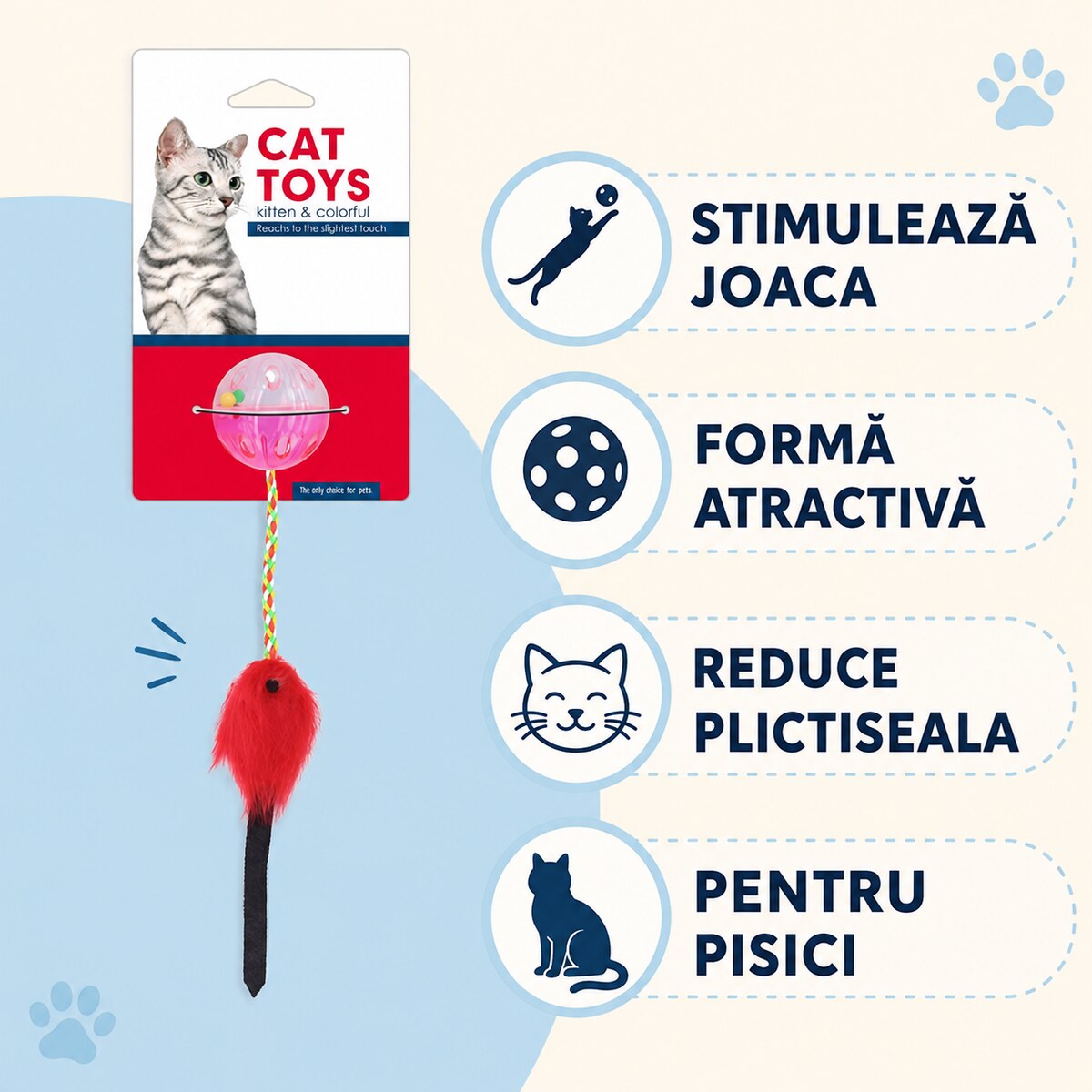 Undiță pentru Pisici cu Minge și Șoricel, Mov-Roșu – imagine 3