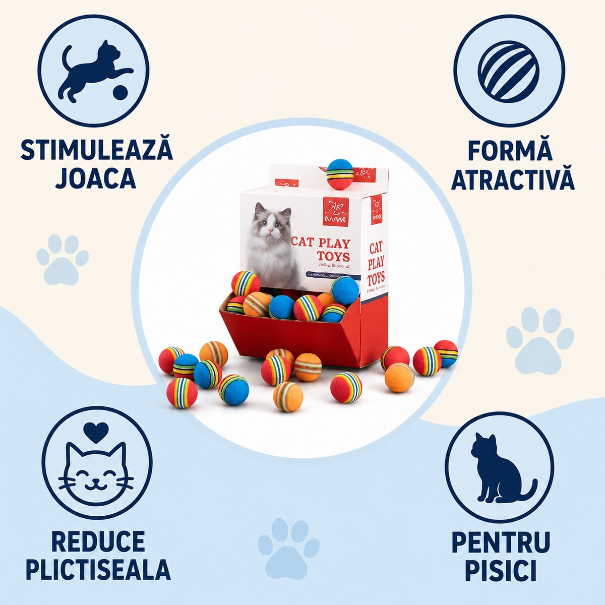 Set 60 Bile cu Dungi pentru Pisici, Multicolor – imagine 3
