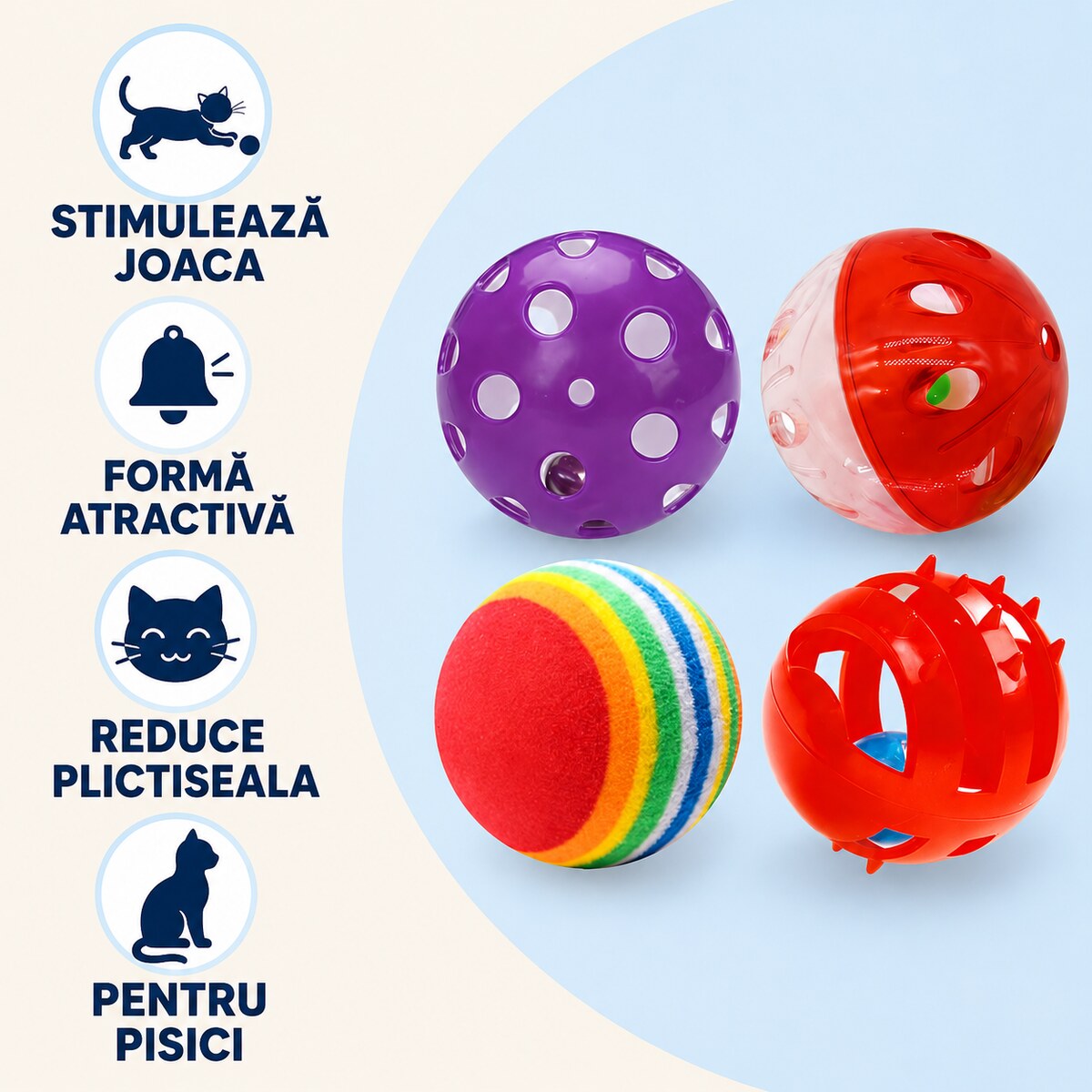 Set 4 Mingi pentru Pisici cu Clopoțel, Multicolor – imagine 3