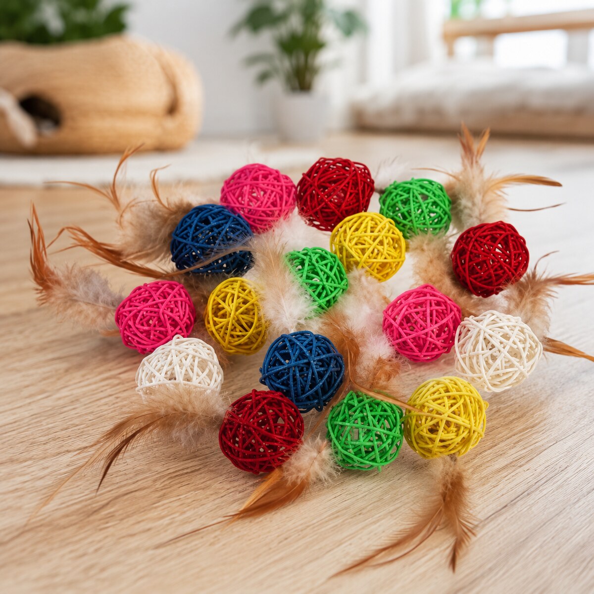 Set 54 Mingi Împletite cu Pene pentru Pisici, Multicolor – imagine 2