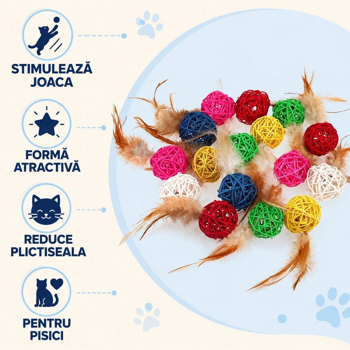 Set 54 Mingi Împletite cu Pene pentru Pisici, Multicolor – imagine 3