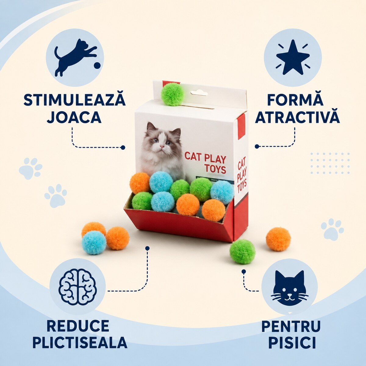 Set 48 Bile Pufoase pentru Pisici, Multicolor – imagine 3