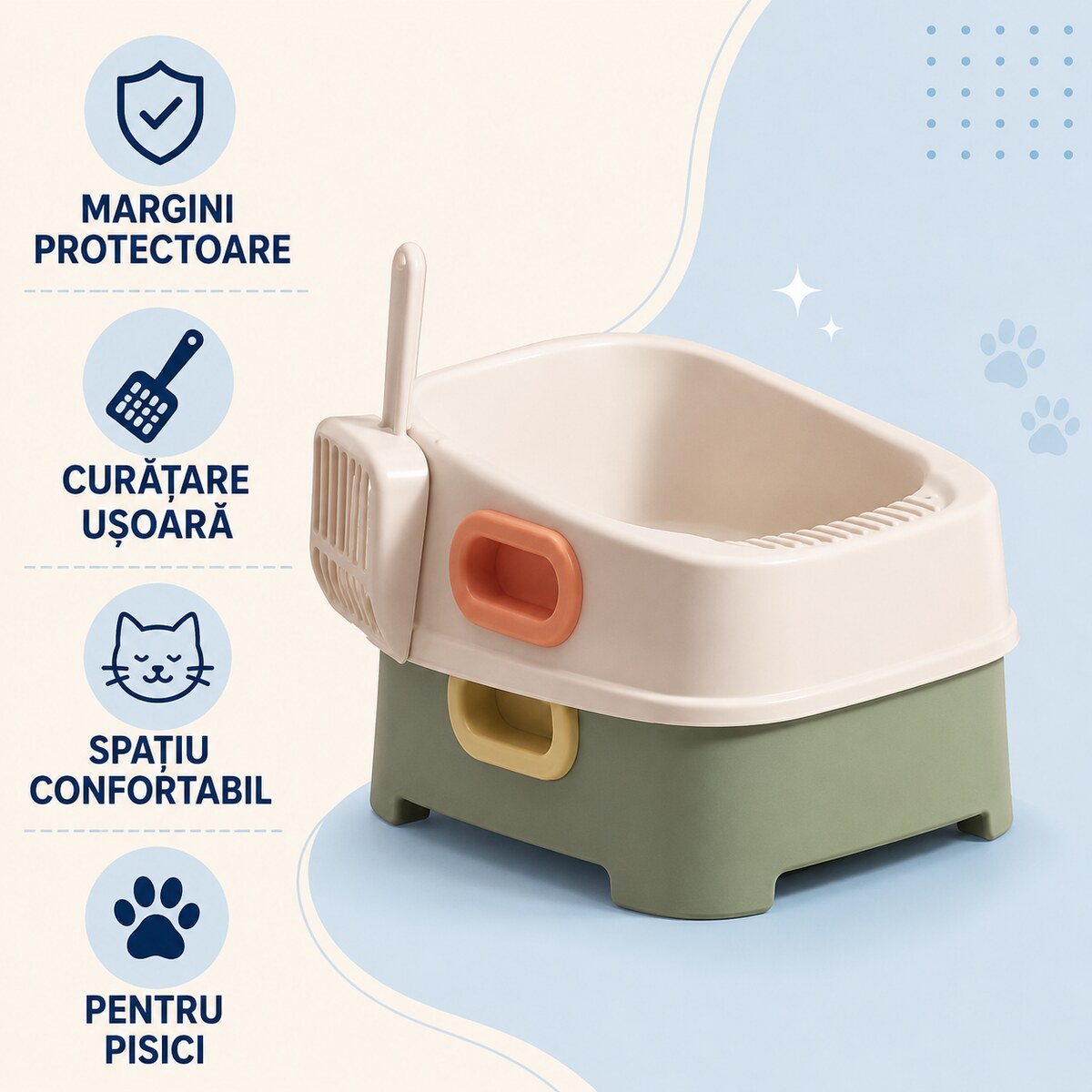 Litieră Deschisă pentru Pisici cu Margine Înaltă și Lopățică, Roz – imagine 3