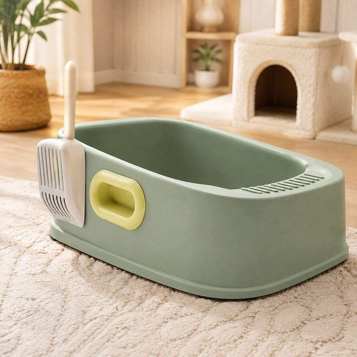 Litieră Deschisă pentru Pisici cu Margine Înaltă și Lopățică, Verde – imagine 2